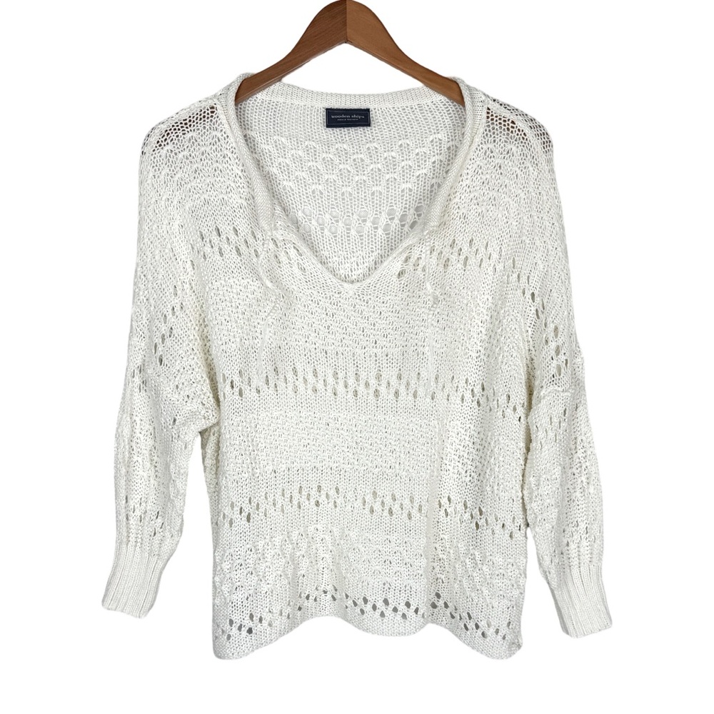 Wooden Ships Crochet V-Neck Sweater Cream Coastal Beachy Resortwear